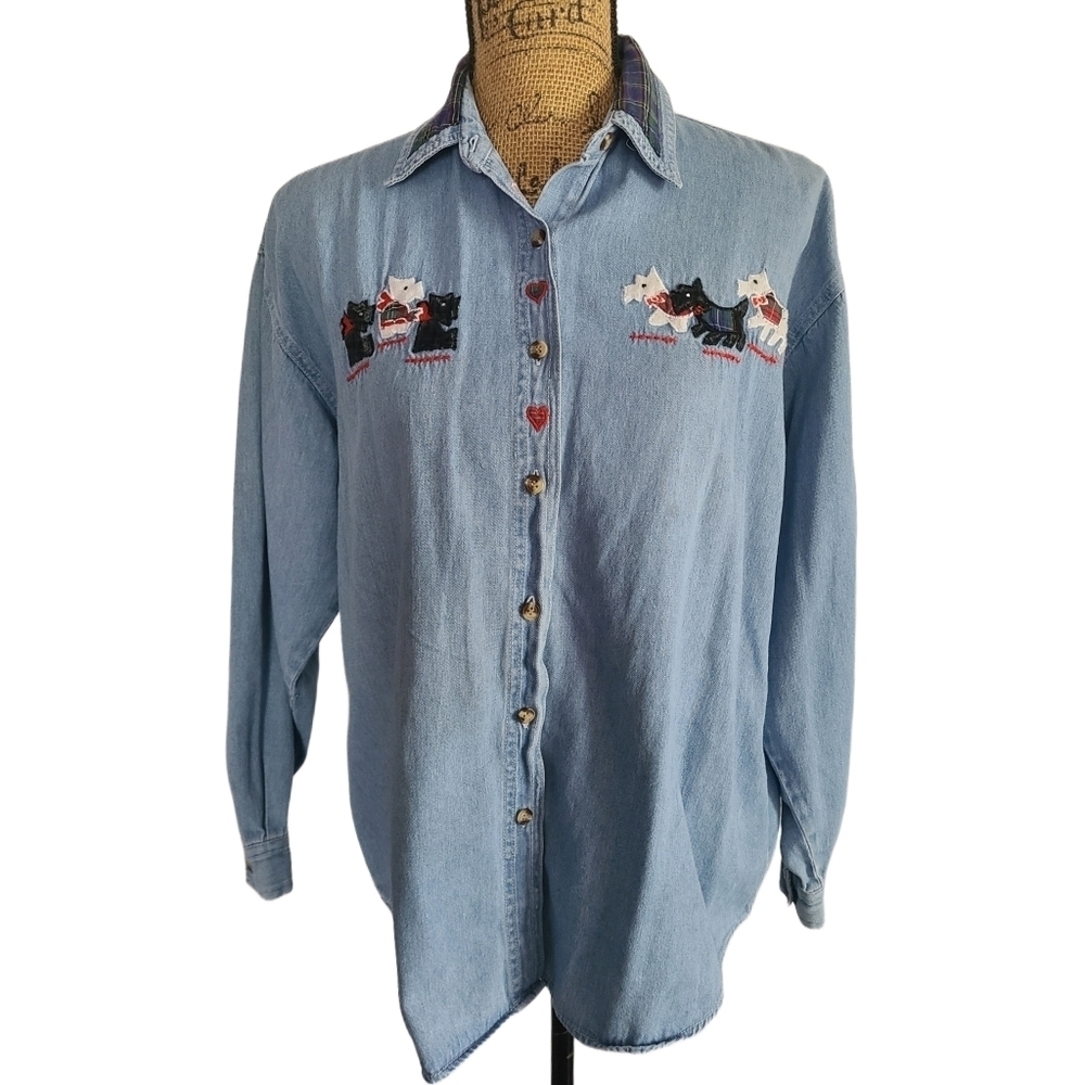 Solutions Denim Long Sleeves Dog Theme Pattern Button Down Shirt